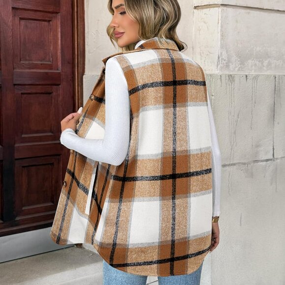 Khaki Women's Plaid Vest 2025 - Stylish Sleeveless Flannel Jacket with Pockets - Picture 5 of 5